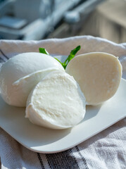 Tasting of white soft italian balls mozzarella cheese made from buffalo cow milk