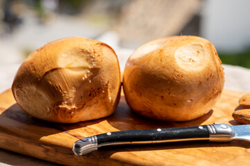 Italian yellow smoked cheese scamorza served on olive tree wooden plank