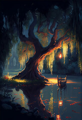 Fototapeta na wymiar fantasy landscape with willow tree and lake, Generative AI