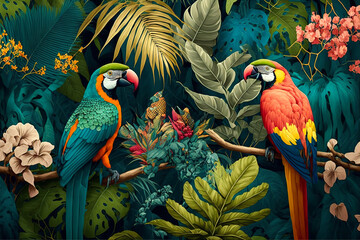 Fototapeta Illustration of a tropical rainforest with parrots. Generative AI. obraz