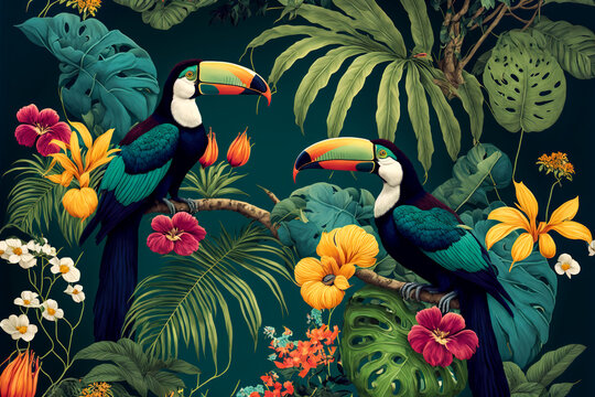 Fototapeta Tropical wallpaper background with plants and birds. Generative AI. 