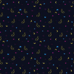 Seamless pattern with yellow cats, moon and pink hearts on a dark blue background. For packaging, printing and decorating
