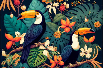 Illustration of a tropical rainforest with toucans. Generative AI. - obrazy, fototapety, plakaty