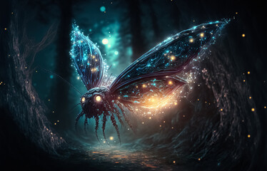 Flittering fireflies flying in the night Fantasy enchanted forest. Fairy tale concept.	