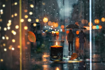 Rainy evening city  blurred light ,view from window  , lantern candle light reflection ,cozy home,rain drops on glass ,car traffic blurred light  urban scene  illustration art generated ai