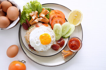 Fried rice and hot dogs, cooked fried egg, Chinese sausage and ketchup on a white background.