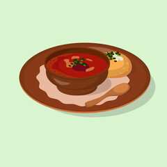 Borsch or red soup with fresh bread, garlic and parsley. Cartoon vector illustration.