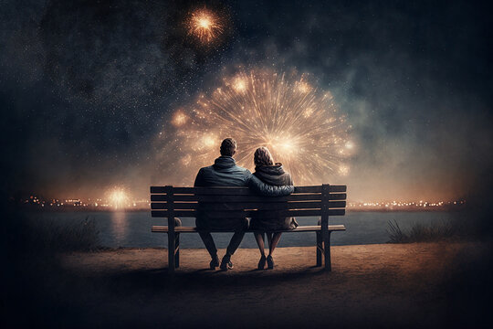 Love Couple Sits On A Bench With Their Backs To The Camera Watching Fireworks, Evening. Generative AI