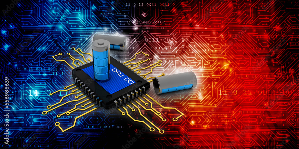 Poster 3d rendering latest computer microchips with battery