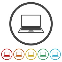 Laptop computer screen icon. Set icons in color circle buttons