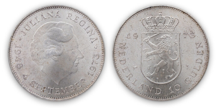 Old Netherlands Dutch coin ten gulden 1973, shield with lion with sword and arrows, crown above, Queen Juliana head right, silver. (10 gulden or 'Zilveren Tientje')