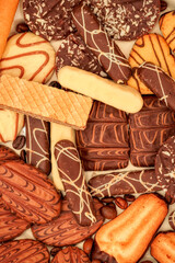 Close up of delicious bisquits and chocolate. Bisquits on plate top view, cookies on wooden empty space wood background. Macro sweets