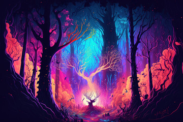 Illustration of a magical neon woodland blazing with color. Generative AI