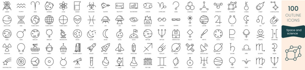 Set of space and science icons. Thin outline icons pack. Vector illustration