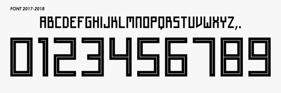 font vector team 2017 - 2018 kit sport style font. football geometric style font with lines inside. font russia world cup. sports style letters and numbers for soccer team