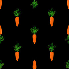Seamless pattern with carrots on a black background. Cute textile pattern