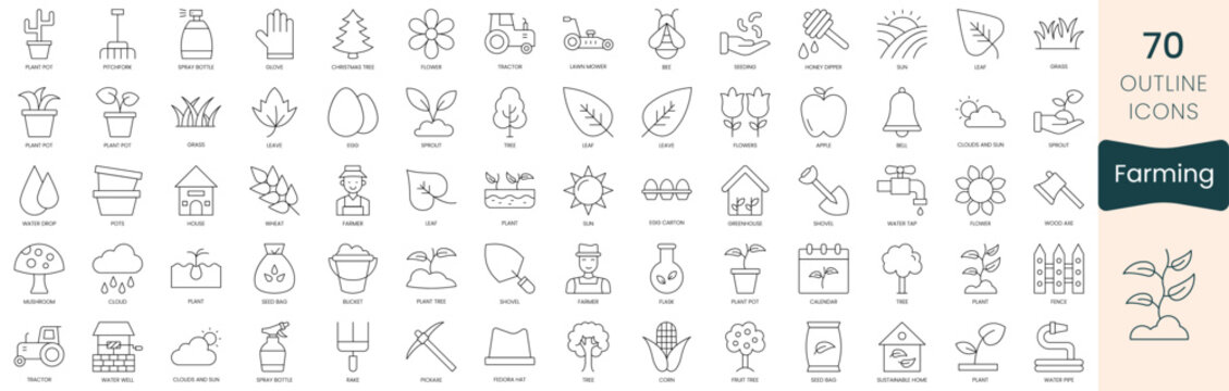 Set of farming icons. Thin outline icons pack. Vector illustration