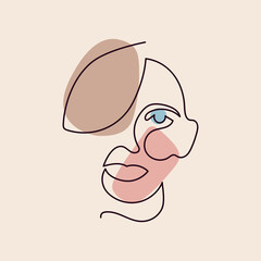 Continuous linear drawing of female face. Portrait of woman in one line with geometric shapes. Modern, minimalistic style. Line art. Vector Illustration For Posters, T-shirt prints, avatars