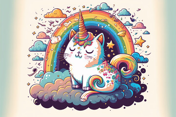 Rainbow Magic, a cute unicorn cat with a rainbow horn and tail sitting atop a cloud and surrounded by rainbow hearts. Shot from a mid-angle in a doodle and vector style, and bright cheerful light.
