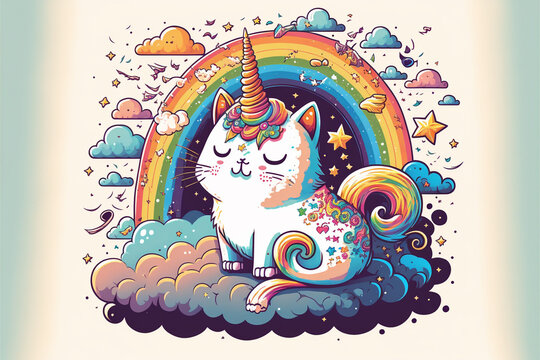 Caticorn cat Unicorn Meowgical Child's T-shirt Kitten Graphic Mommy & Me  Pastel Rainbow Birthday Party Theme for Girl 
