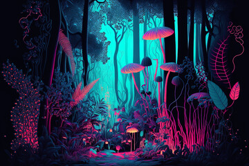 Imaginary neon forest, jungle at dusk, mysterious, surreal woodland, lovely neon scene. Generative AI