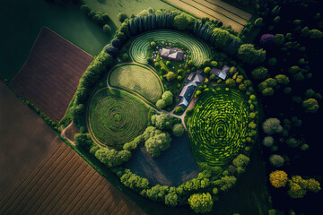 aerial drone photo showing fields with a variety of crops growing on them using the permaculture and polyculture principles, which are good for the ecology. Generative AI