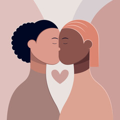 Two women kiss. Lesbian female multiracial couple together. Lesbian female couple kissing, gay couple. Homosexuality, LGBTQ+ people and human rights freedom vector illustration, Love relationship, rom