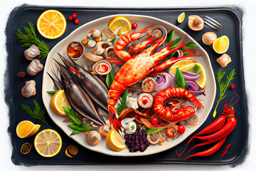 Mediterranean assorted Seafood boil platter vegetable food