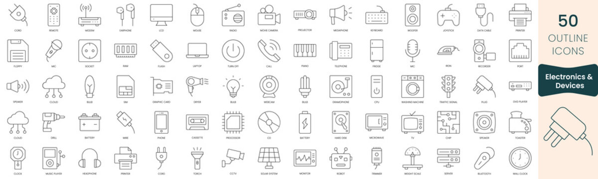 Set of electronics and devices icons. Thin outline icons pack. Vector illustration