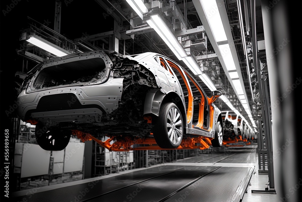 Poster vehicle shells moving along a production line in a newer model vehicle generative ai