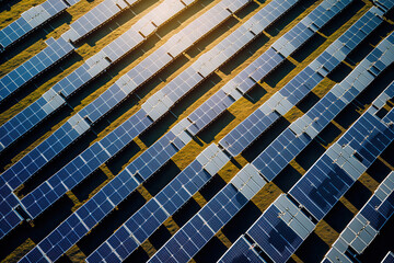 Drone aerial image of solar power plant panels. View from above of a solar farm. electrical innovation and green energy. Sustainable Energy Solar energy is produced in an industrial solar energy farm