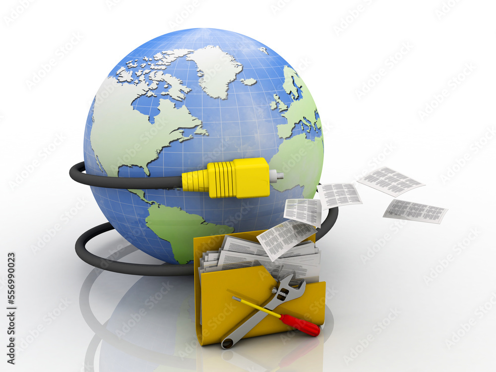 Aufkleber 3d illustration computer folder technical service with aux connected globe