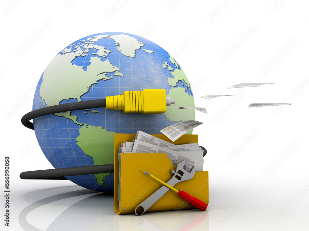 Poster 3d illustration computer folder technical service with aux connected globe