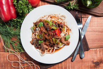 Uzbek traditional lagman with meat