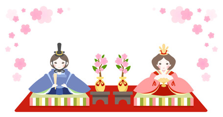 Fototapeta na wymiar Doll's Festival in March, a traditional Japanese event. The Hina Dolls with peach blossoms background. Dolls resembling a princess and a prince are displayed. The 