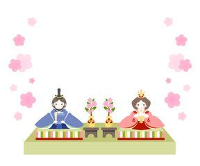 Doll's Festival in March, a traditional Japanese event. The Hina Dolls with peach blossoms background. Dolls resembling a princess and a prince are displayed. The 