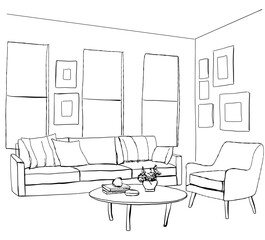 Hand drawn room interior sketch. Furniture sketch. Living room