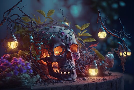  illustration of skull with flower decoration, idea for Day of the Dead of just horror romantic theme