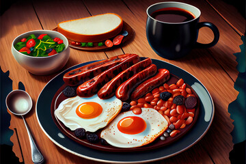 Full fry up English breakfast with fried eggs food