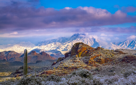 snow-covered mountains over Four Peaks, Arizona