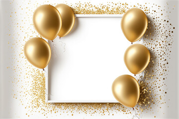 Gold shiny confetti and gold balloons on white background, middle has open space for your message copy, Celebration and party invitation concept