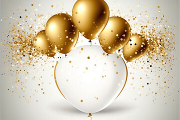 Gold shiny confetti and gold balloons on white background, middle has open space for your message copy, Celebration and party invitation concept
