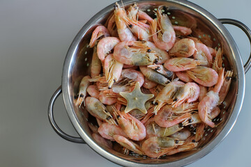 Shrimp and  one starfish in a mettalic colander