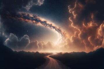 illustration of way path to horizon, endless road to heaven with light glow from the eternal horizon, concept of adventure to unknown place