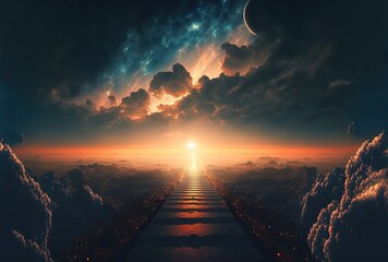 illustration of way path to horizon, endless road to heaven with light glow from the eternal horizon, concept of adventure to unknown place - obrazy, fototapety, plakaty