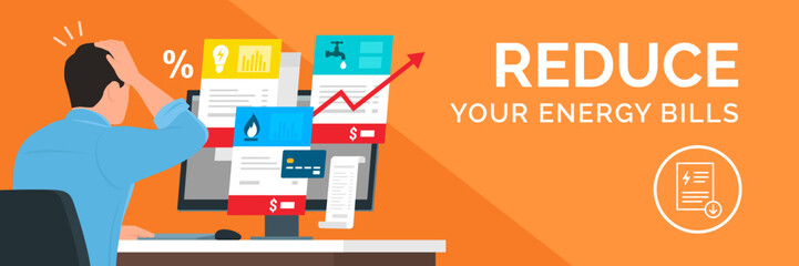 Worried man checking expensive utility bills on his computer