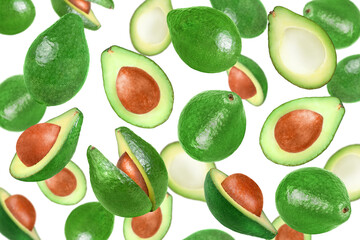 Levitation of avocados isolated on a transparent background.