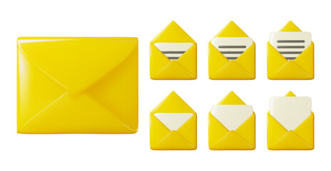 3d open and closed mail envelope with letter, postcard. Realistic notifications sign, news subscription, unread email. Outgoing or incoming message in a chat, social network, application.