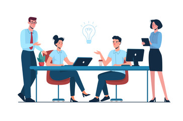 Business people work together in the office, discuss ideas for a project. Vector illustration of teamwork, brainstorming. Team of office employees. flat style.