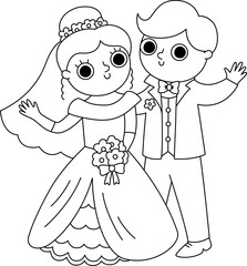 Vector black and white illustration with bride and groom waving hands. Cute just married couple. Wedding ceremony line icon. Cartoon marriage coloring page with newly married couple.